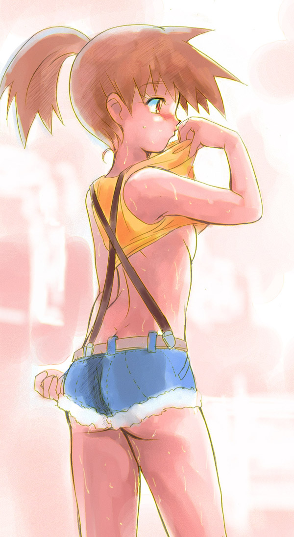 misty (pokemon), nintendo, pokemon, 1girl, back, belt, blush, breasts, clothes lift, denim, denim shorts, female focus, flat chest, midriff, orange hair, red eyes, red hair, shirt lift, short hair, shorts, side ponytail, sideboob, small breasts, solo, suspenders, sweat