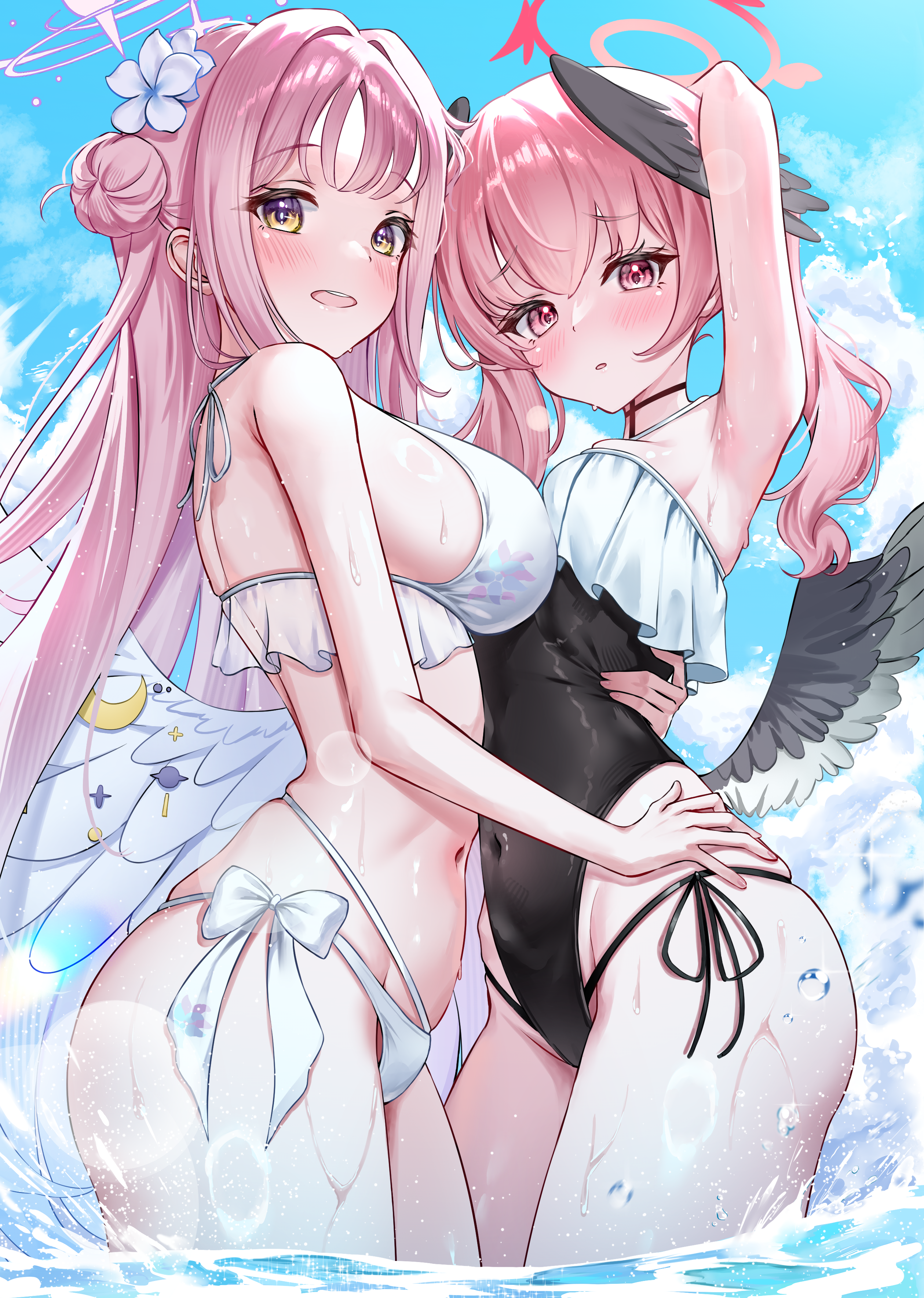 wfa5051, koharu (blue archive), mika (blue archive), blue archive, absurdres, highres, 2girls, alternate costume, angel wings, asymmetrical docking, bikini, black one-piece swimsuit, black wings, blush, bow, breast press, breasts, feathered wings, floral print, floral print bikini, flower, frilled bikini, frilled one-piece swimsuit, frills, from side, hair bun, hair flower, hair ornament, halo, hand on another's back, hand on another's hip, head wings, large breasts, long hair, looking at viewer, looking to the side, low wings, multi-strapped bikini bottom, multiple girls, navel, one-piece swimsuit, parted lips, partially submerged, pink eyes, pink hair, pink halo, print bikini, side-tie bikini bottom, sideboob, single side bun, small breasts, stomach, swimsuit, twintails, water drop, white bikini, white bow, white flower, white wings, wing ornament, wings, yellow eyes, yuri