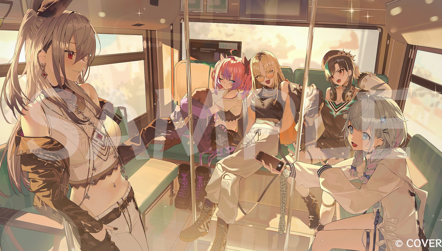 panda 0035, isaki riona, kikirara vivi, koganei niko, mizumiya su, rindo chihaya, flow glow (hololive), hololive, hololive dev is, commentary request, highres, official art, 5girls, :d, ahoge, aqua hair, beret, black boots, black bow, black choker, black hair, black hat, black jacket, black shirt, black shoes, black shorts, black socks, black tank top, black thighhighs, blonde hair, blue eyes, blue hair, blue shirt, blue shorts, boots, bow, braid, bus interior, choker, colored inner hair, copyright name, crop top, cropped shirt, curtained hair, double-parted bangs, ear chain, earrings, grey hair, grey pants, hair bow, hair flaps, hat, headphones, headphones around neck, hood, hooded jacket, jacket, jewelry, knees up, lace-up boots, lightning ahoge, linked piercing, long hair, long shirt, long sleeves, looking at another, loose socks, low twin braids, medium hair, multicolored hair, multiple girls, navel piercing, o-ring, o-ring thigh strap, off-shoulder shirt, off shoulder, one side up, open mouth, orange-tinted eyewear, pants, piercing, pink hair, purple arm warmers, purple hair, raglan sleeves, round eyewear, shirt, shoes, short shorts, shorts, side braid, sidelocks, sitting, smile, socks, standing, streaked hair, sukajan, sunglasses, sweatpants, tank top, thigh strap, thighhighs, tinted eyewear, twin braids, twintails, unworn boots, virtual youtuber, white hair, white jacket, white pants, white shirt, white tank top
