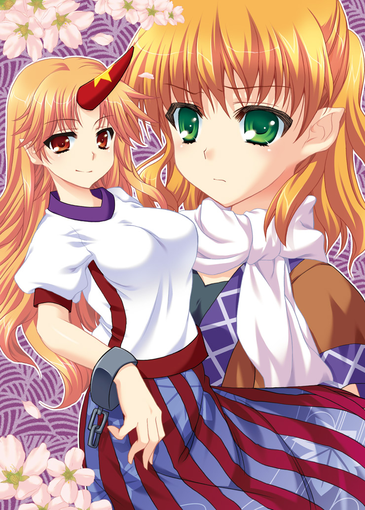 katagiri chisato, hoshiguma yuugi, mizuhashi parsee, touhou, 2girls, blonde hair, chain, cherry blossoms, female focus, flower, green eyes, horns, long hair, multiple girls, red eyes, scarf, short hair, single horn, smile, worried