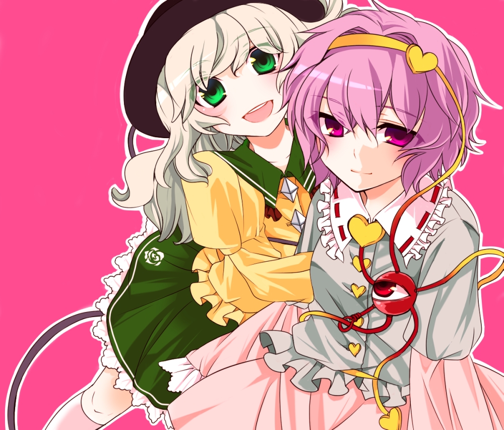 n-mix, komeiji koishi, komeiji satori, touhou, 2girls, female focus, green eyes, hairband, hat, heart, long hair, multiple girls, pink eyes, purple hair, short hair, siblings, sisters, white hair