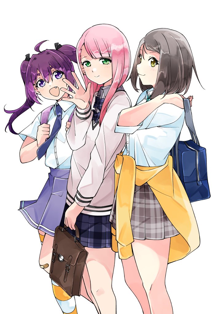 trefle r, hiiragi tsubomi, kamiki mikami, tojo yuki, 22/7, 3girls, ahoge, asymmetrical bangs, bag, black bow, black skirt, bow, bowtie, closed mouth, clothes around waist, collared shirt, fang, feet out of frame, from side, green eyes, grey bow, grey bowtie, grey eyes, grey hair, grey skirt, hair between eyes, holding, holding bag, jacket, jacket around waist, long hair, long sleeves, looking at viewer, medium hair, miniskirt, multiple girls, open mouth, pink hair, pleated skirt, purple eyes, purple hair, purple skirt, school bag, shirt, short sleeves, simple background, skirt, smile, socks, standing, striped clothes, striped socks, twintails, waving, white background, white shirt