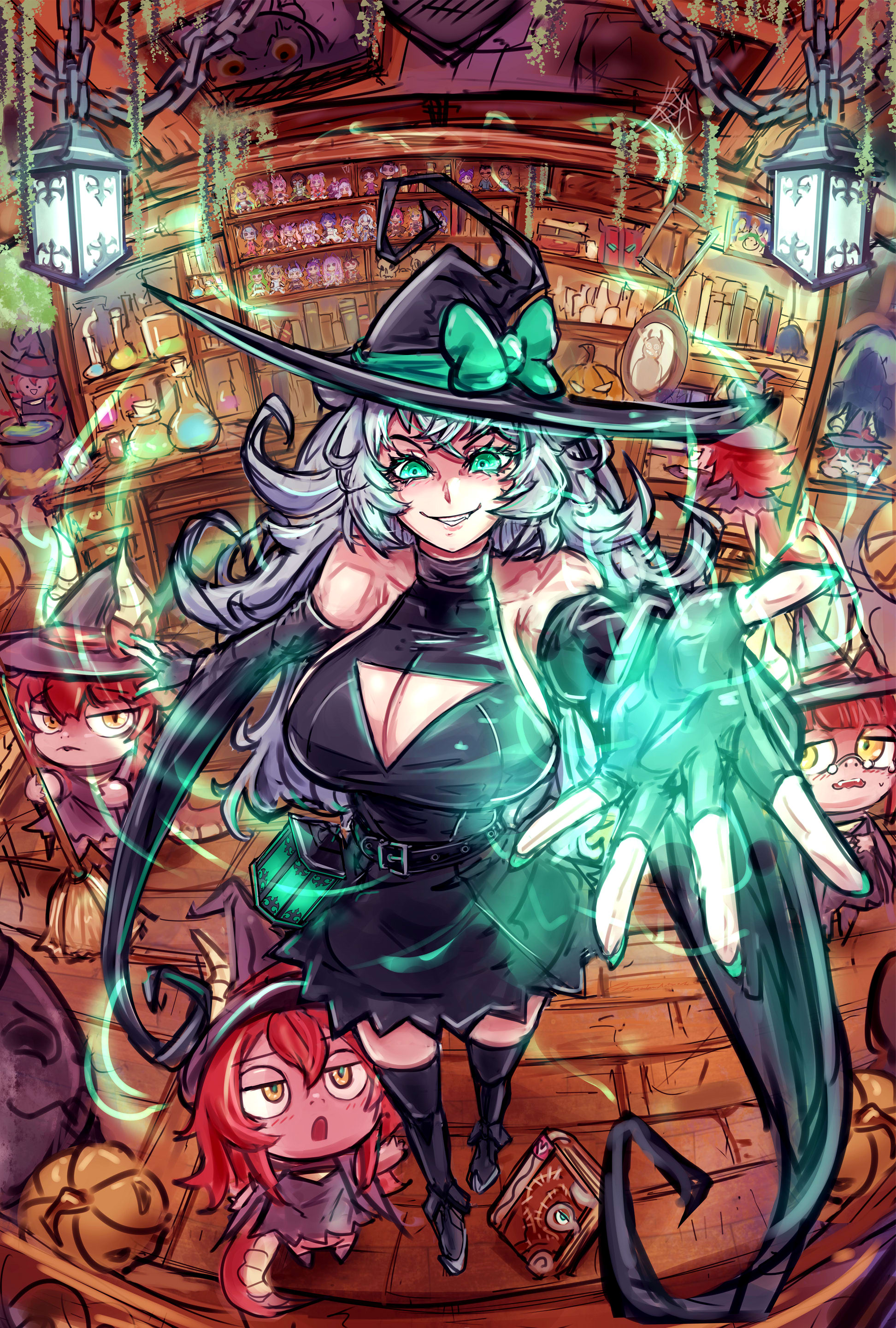 exodamartworks, zentreya, zentreya (witch), indie virtual youtuber, absurdres, highres, 1girl, aqua eyes, aqua nails, black dress, black hat, black shoes, black sleeves, black thighhighs, breasts, cleavage, cleavage cutout, closed mouth, clothing cutout, detached sleeves, dress, gecko zen, grey hair, hat, lantern, large breasts, looking at viewer, nail polish, shoes, sleeveless, sleeveless dress, smile, solo, thighhighs, virtual youtuber, witch hat
