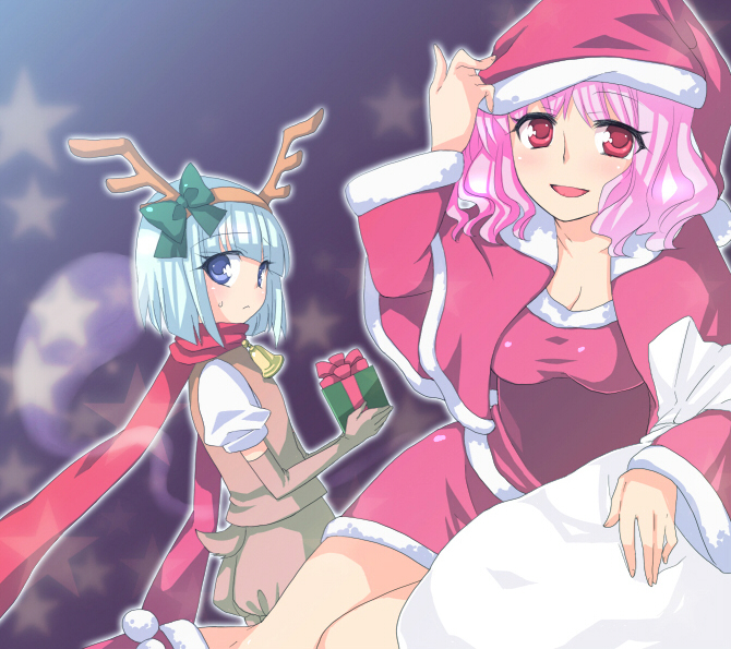 midori (green tea), midori (pixiv), konpaku youmu, konpaku youmu (ghost), saigyouji yuyuko, touhou, silver hair, bad id, bad pixiv id, 2girls, :<, animal costume, bell, blue eyes, bob cut, christmas, female focus, ghost, gift, hat, hitodama, horns, multiple girls, pink hair, red eyes, reindeer costume, santa costume, santa hat, scarf, short hair, star (symbol)