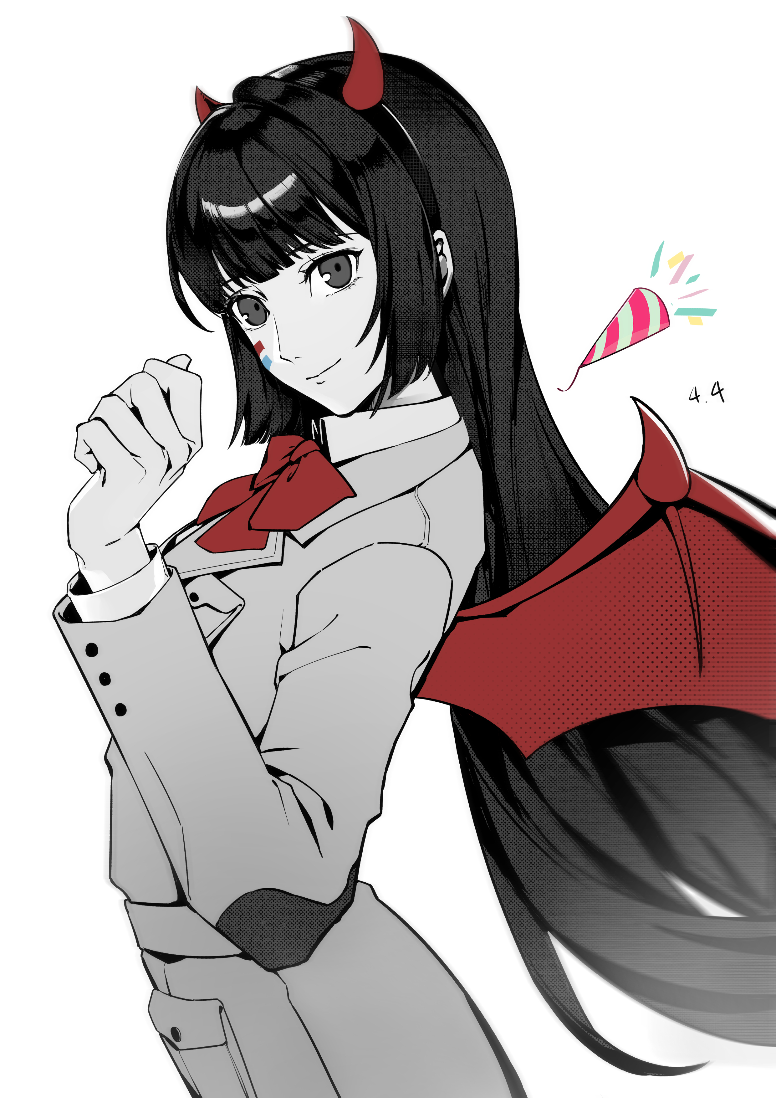 tria0c2, tanemura riko, persona, persona 5, persona 5: the phantom x, absurdres, commentary request, highres, 1girl, bow, bowtie, closed mouth, dated, demon horns, demon wings, fake horns, fake wings, floating hair, horns, jacket, limited palette, long hair, long sleeves, looking at viewer, pocket, red bow, red bowtie, red horns, red wings, school uniform, simple background, smile, solo, wings