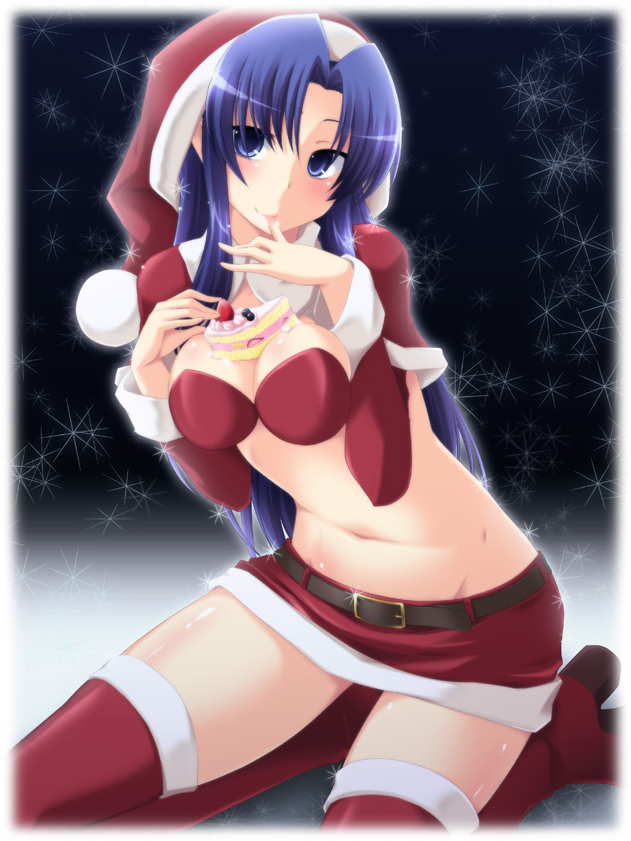 nagami yuu, kawashima ami, toradora!, highres, 00s, 1girl, blue eyes, blue hair, breasts, cake, capelet, christmas, cleavage, female focus, food, hat, kneeling, long hair, matching hair/eyes, medium breasts, midriff, miniskirt, navel, pastry, santa costume, santa hat, skirt, solo, thighhighs, zettai ryouiki