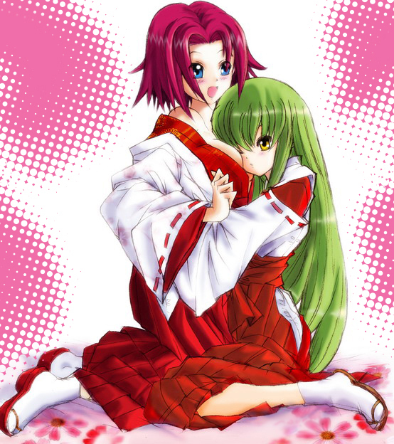 c.c., kouzuki kallen, code geass, 00s, 2girls, blue eyes, blush, breast press, breasts, green hair, hakama, hakama skirt, japanese clothes, large breasts, long hair, miko, multiple girls, open mouth, red hair, red hakama, short hair, skirt, surprised, yellow eyes, yuri