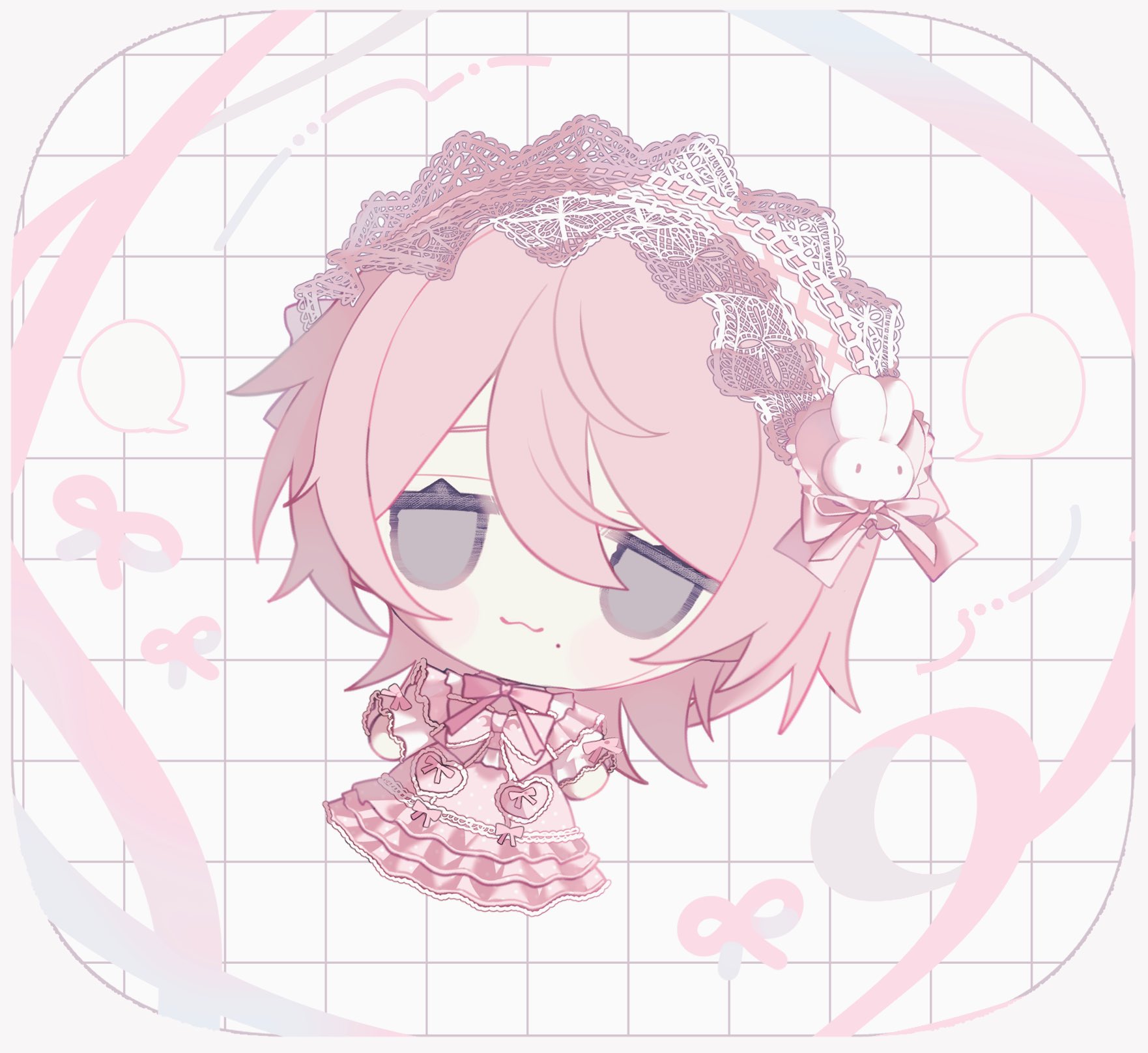 original, highres, 1other, 38uii, :3, androgynous, chibi, dress, full body, grid background, medium hair, mole, mole on cheek, pink dress, pink hair, solo, tareme, white headdress