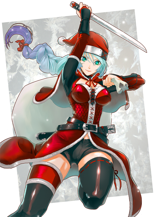 shiitake urimo, original, aqua eyes, aqua hair, braid, hat, long hair, ninja, santa costume, santa hat, single braid, solo, sword, thighhighs, wakazashi, weapon