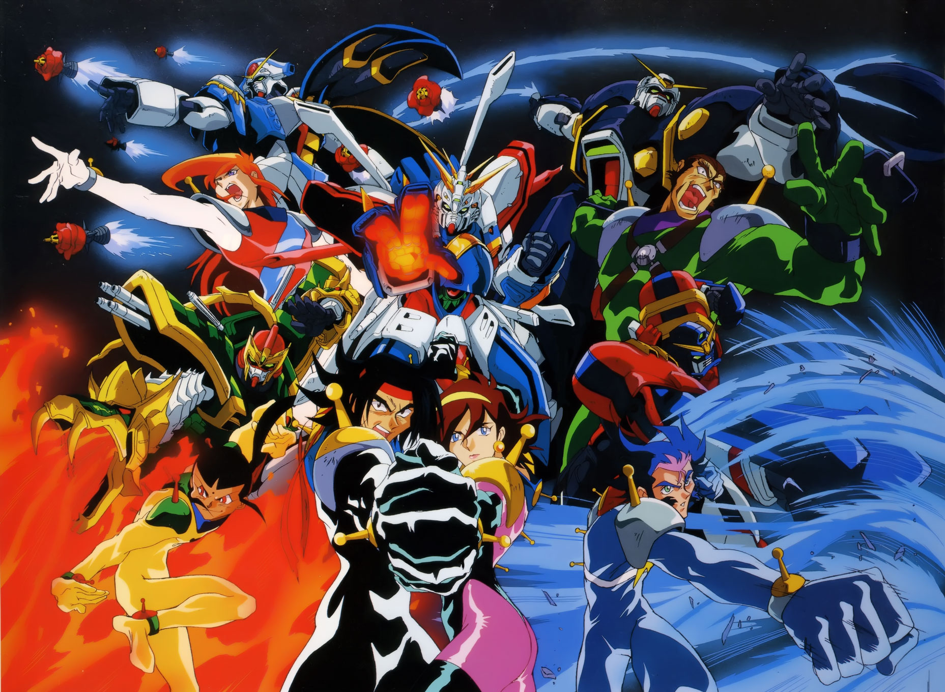 argo gulskii, bolt gundam, chibodee crocket, domon kasshu, dragon gundam, george de sand, god gundam, gundam maxter, gundam rose, maxter gundam, rain mikamura, rose gundam, sai saici, g gundam, gundam, highres, 1990s (style), 1girl, 5boys, ball and chain (weapon), blue eyes, bodysuit, brown hair, fire, holding hands, mecha, mecha pilot suit, mobile trace suit, multiple boys, punching, retro artstyle, robot, short hair, tango, weapon