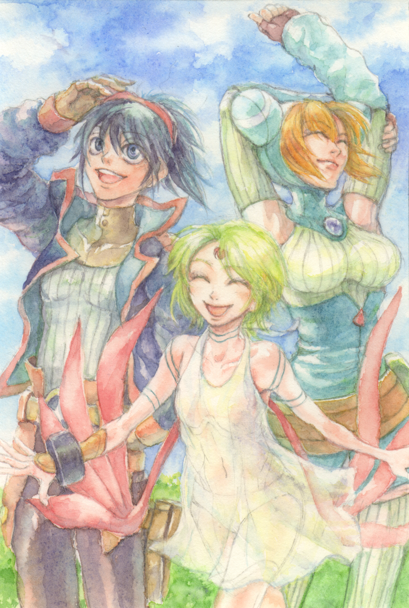 lin, lira mist, lin (breath of fire), nina (breath of fire v), breath of fire, breath of fire v, bad id, bad pixiv id, highres, spoilers, 1boy, 2girls, blonde hair, blush, closed eyes, detached sleeves, dress, facial mark, forehead mark, hood, multiple girls, open mouth, orange hair, panties, red wings, see-through clothes, short hair, smile, underwear, wings