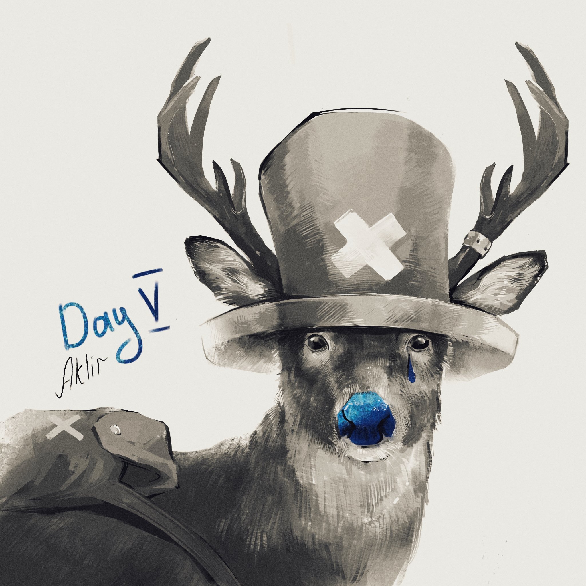 tony tony chopper, one piece, highres, aklirkiefer, animal focus, animalization, antlers, backpack, bag, blue nose, deer, english text, grey background, hat, horns, inktober, looking at viewer, no humans, portrait, realistic, reindeer antlers, teardrop