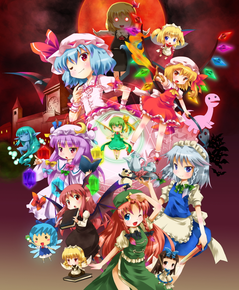 michii yuuki, cirno, daiyousei, flandre scarlet, hong meiling, izayoi sakuya, koakuma, luna child, patchouli knowledge, remilia scarlet, rumia, star sapphire, sunny milk, embodiment of scarlet devil, perfect memento in strict sense, touhou, silver hair, bad id, bad pixiv id, >:d, . ., 6+girls, :d, ;d, = =, apron, arm up, bat wings, beret, black dress, black hair, blonde hair, blue eyes, blue hair, book, bow, braid, capelet, chibi, china dress, chinese clothes, clock, clock tower, closed eyes, crescent, crystal, cup, dinosaur, dress, dress shirt, everyone, fairy, fairy wings, fang, female focus, fire, flaming sword, flaming weapon, floating, frog, full moon, glowing, glowing eyes, glowing wings, green dress, green hair, hair bow, hairband, hand on own hip, hat, head wings, holding, holding book, knife, laevatein, large bow, long hair, long sleeves, looking at viewer, maid, maid apron, mob cap, moon, multiple girls, night, one eye closed, open mouth, outstretched arm, outstretched arms, panda, pointing, pointy ears, purple dress, purple eyes, purple hair, red eyes, red hair, red moon, ribbon, scarlet devil mansion, shirt, short hair, short sleeves, side ponytail, side slit, smile, spread arms, star (symbol), striped clothes, striped dress, sword, teacup, teapot, tower, tray, twin braids, v-shaped eyebrows, vertical stripes, waist apron, weapon, white shirt, wings, wink