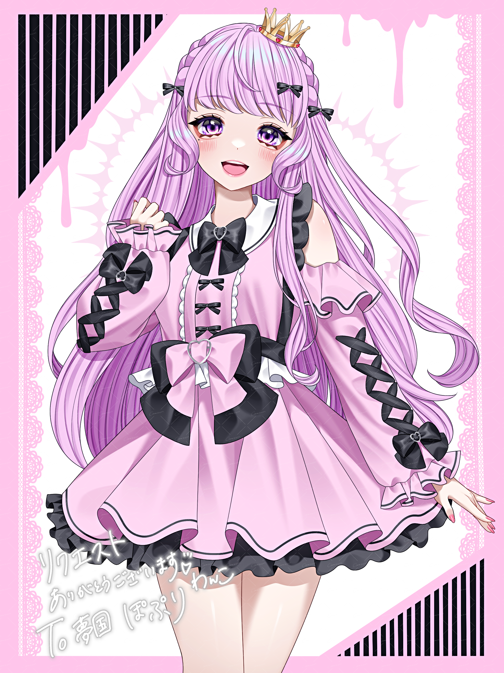 wanko (yurika0320), original, heart ring, absurdres, commission, highres, skeb commission, 1girl, arm up, bare shoulders, black bow, blush, border, bow, braid, clothing cutout, cowboy shot, crown, curly sidelocks, dress, eyelashes, fingernails, frilled dress, frilled skirt, frilled sleeves, frills, hair bow, lace background, long hair, long sleeves, looking at viewer, nail polish, open mouth, pink border, pink bow, pink dress, pink eyes, pink hair, pink nails, shoulder cutout, sidelocks, skirt, sleeves past wrists, smile, solo, standing, teeth, upper teeth only