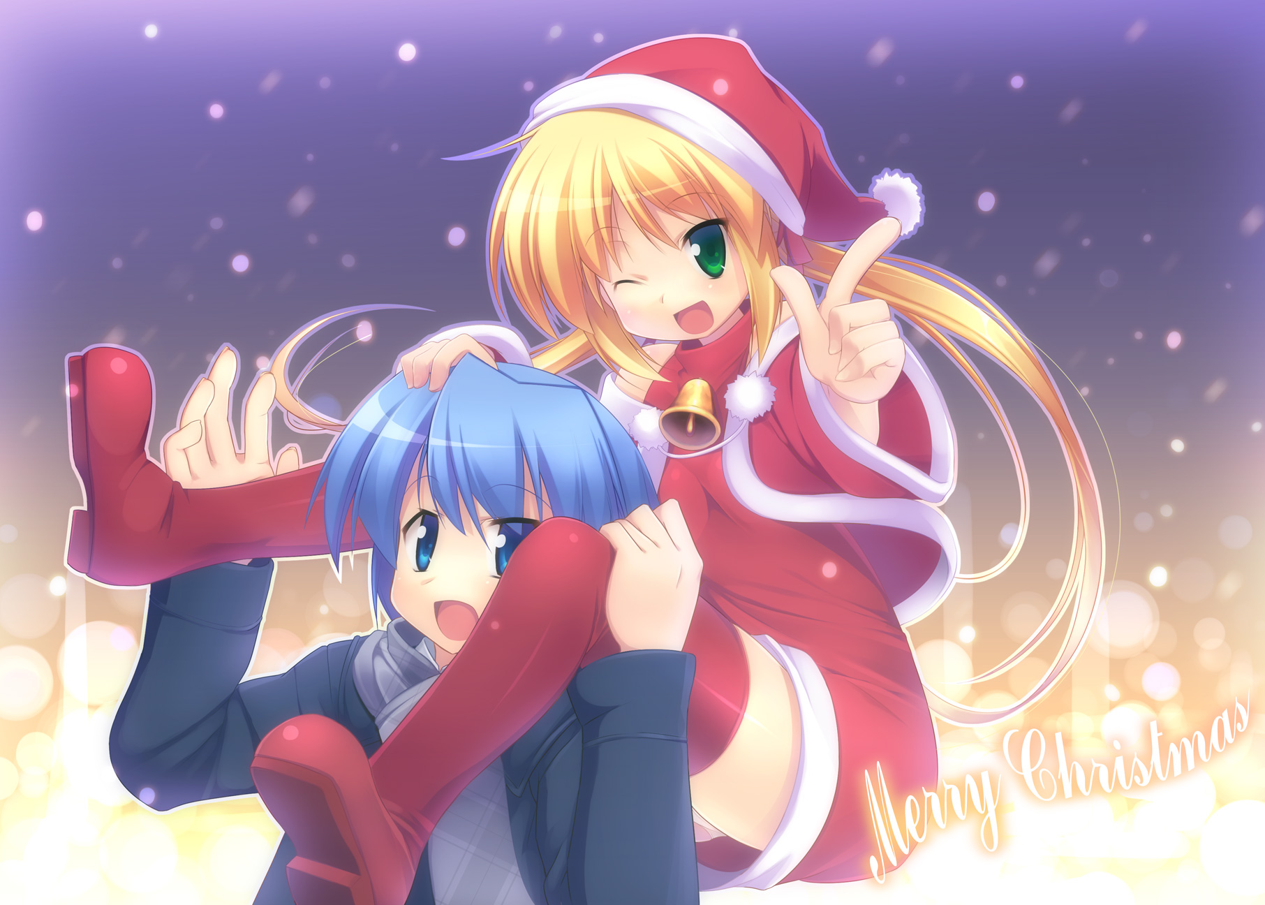 hoppege, ayasaki hayate, sanzen'in nagi, hayate no gotoku!, highres, 00s, 1boy, 1girl, blonde hair, blue eyes, blue hair, carrying, christmas, green eyes, hat, one eye closed, panties, piggyback, pink panties, santa costume, santa hat, shoulder carry, thighhighs, underwear, wink