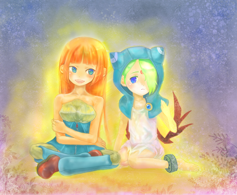 chatarou, lin, tyatarou, lin (breath of fire), nina (breath of fire v), breath of fire, breath of fire v, bad id, bad pixiv id, 2girls, bare shoulders, blonde hair, blue eyes, blush, dress, hood, long hair, multiple girls, orange hair, red wings, short hair, sitting, smile, wings