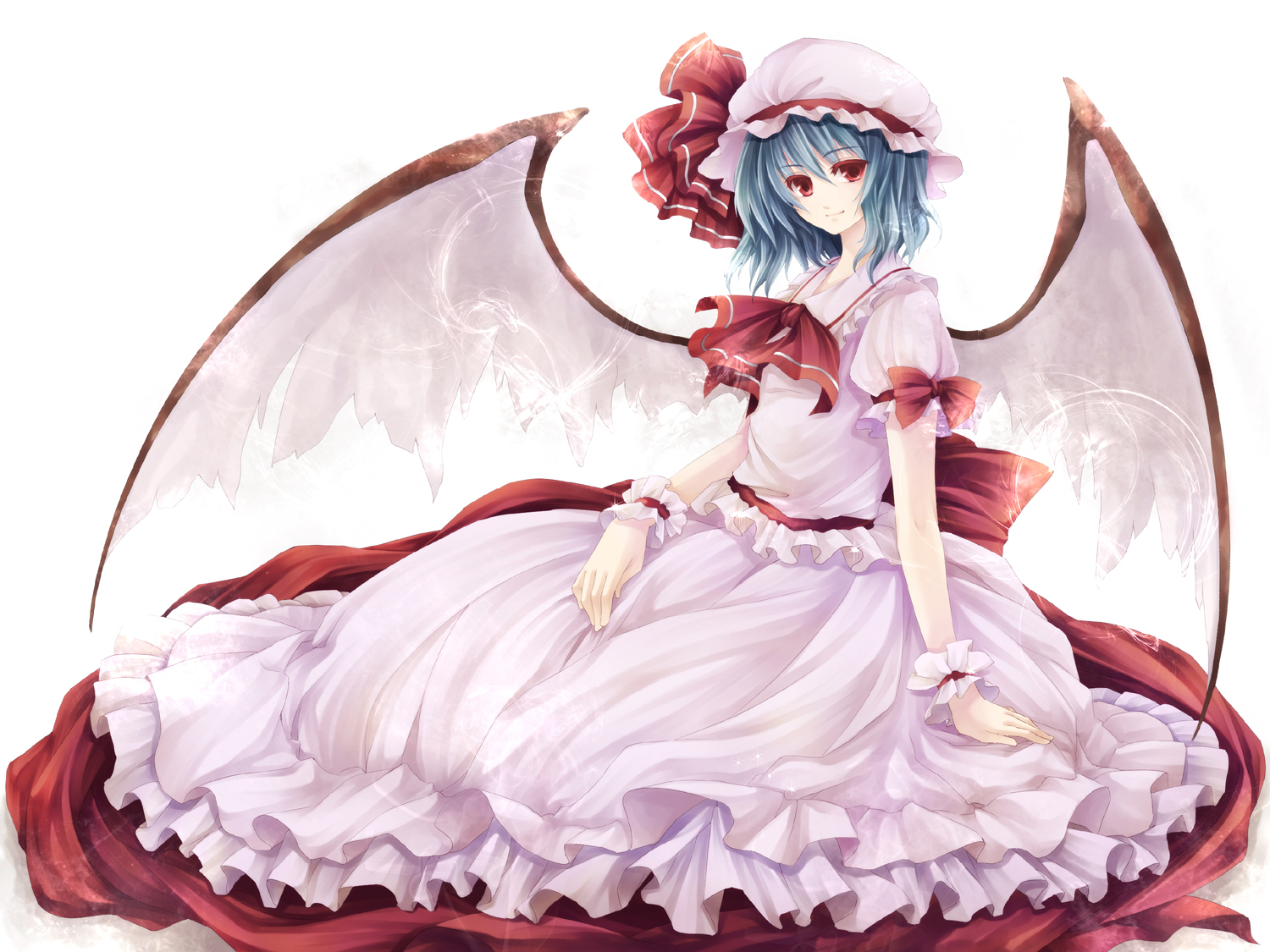 hagiwara rin, remilia scarlet, touhou, bad id, bad pixiv id, 1girl, bat wings, blue hair, colored eyelashes, eyelashes, female focus, hat, looking at viewer, oversized wings, red eyes, short hair, simple background, sitting, smile, solo, wings, wrist cuffs