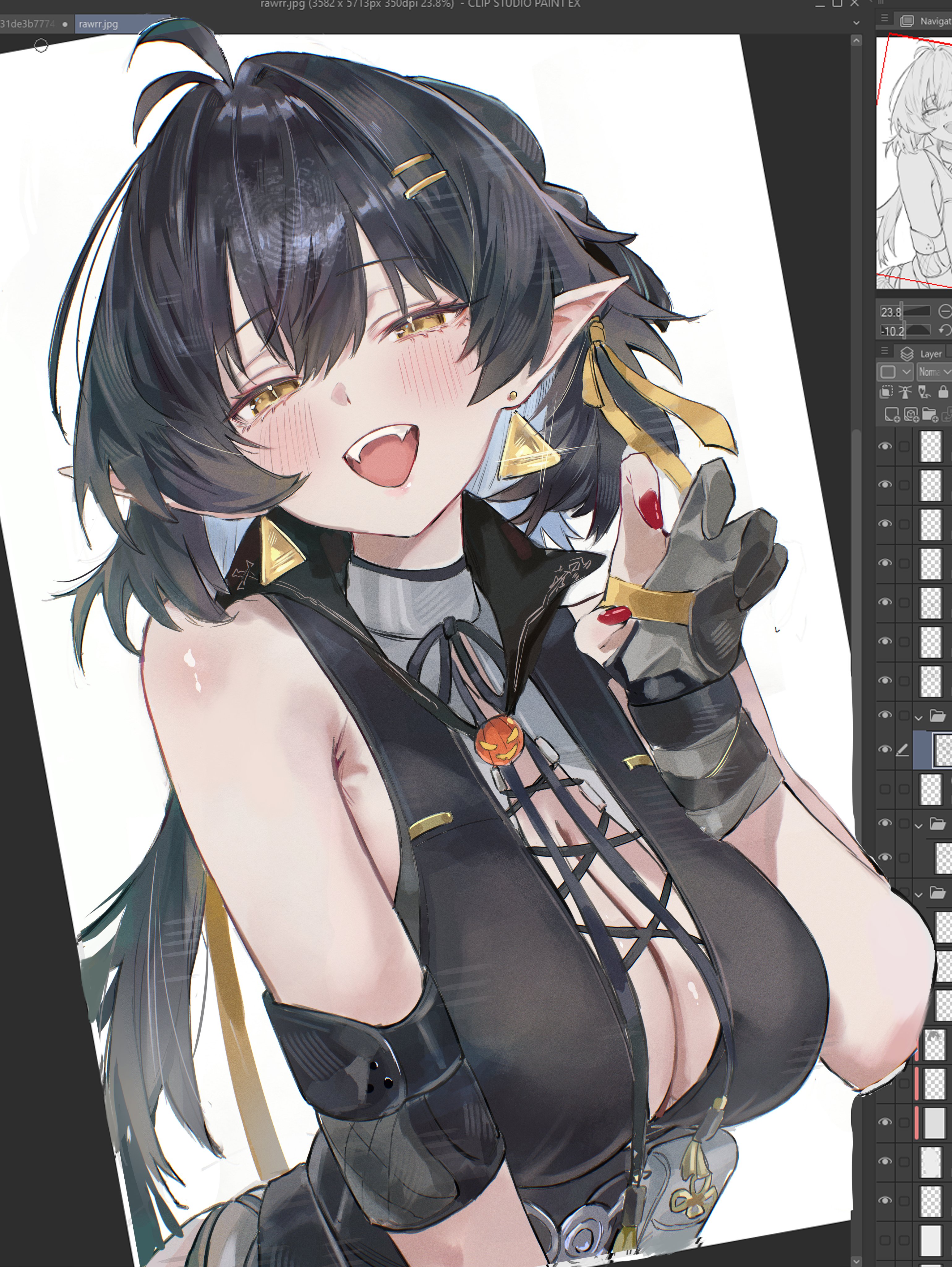origonz, female rover (wuthering waves), rover (wuthering waves), wuthering waves, absurdres, commentary, highres, 1girl, antenna hair, art program in frame, bare shoulders, black gloves, black hair, blush, breasts, colored inner hair, cross-laced clothes, cross-laced dress, dress, earrings, elbow pads, fingernails, fourth wall, gloves, hair ornament, hair ribbon, hairclip, hand up, jewelry, large breasts, long hair, looking at viewer, multicolored hair, nail polish, official alternate costume, open mouth, parallel hairclips, partially fingerless gloves, pointy ears, red nails, ribbon, sleeveless, sleeveless dress, smile, solo, triangle earrings, upper body, very long hair, yellow eyes, yellow ribbon