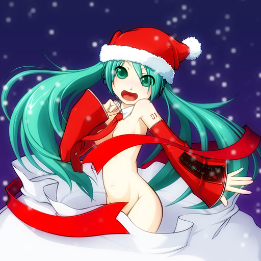 caryo, takeda yukimura, hatsune miku, vocaloid, making-of available, aqua eyes, aqua hair, christmas, detached sleeves, hat, open mouth, santa hat, snow, solo, twintails