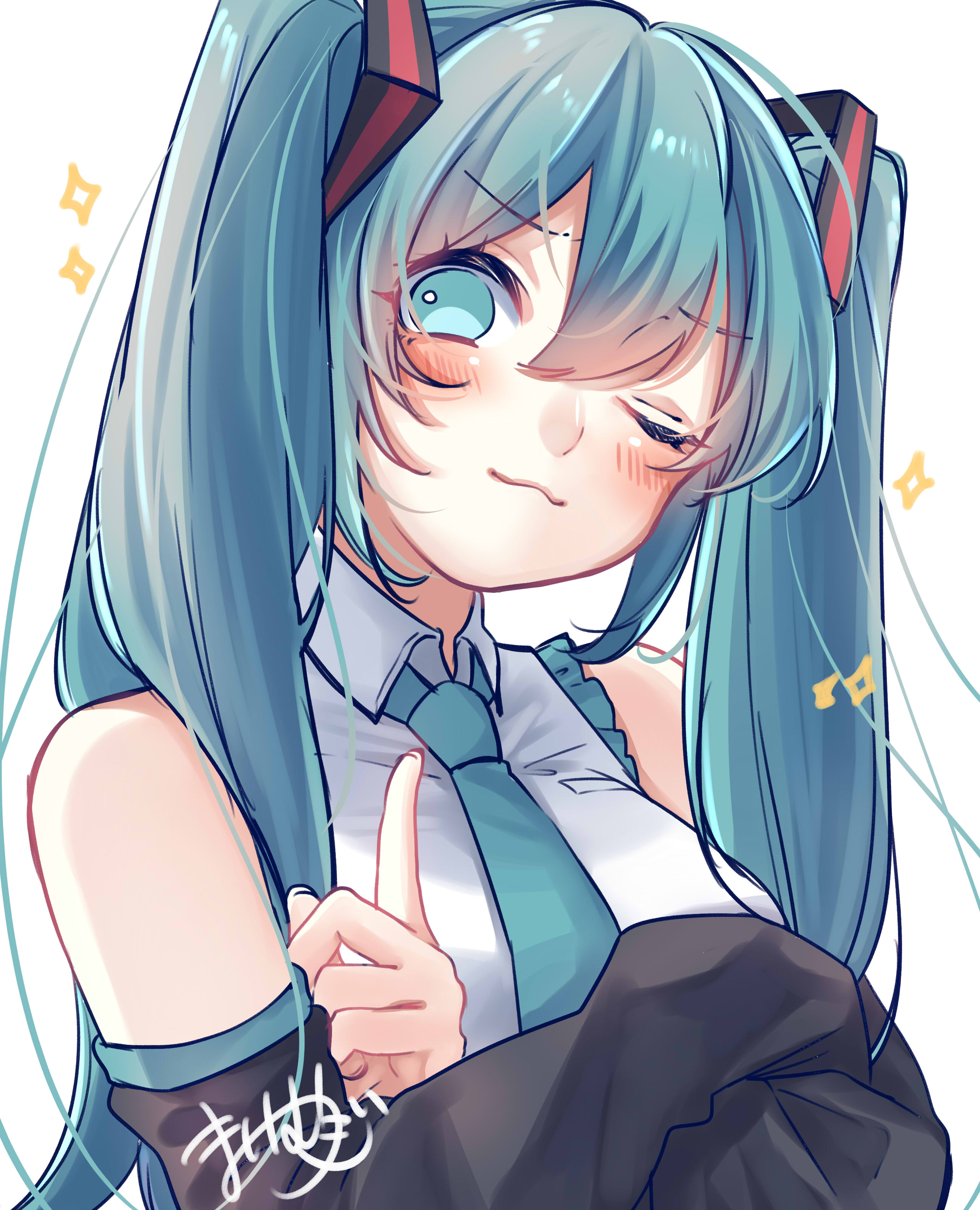 mai mugi, hatsune miku, vocaloid, absurdres, highres, 1girl, aqua eyes, aqua hair, aqua nails, aqua necktie, aqua trim, blush, breasts, closed mouth, collared shirt, crossed arms, detached sleeves, hair between eyes, hair ornament, index finger raised, long hair, long sleeves, looking at viewer, medium breasts, necktie, one eye closed, shirt, simple background, sleeveless, sleeveless shirt, smile, solo, twintails, upper body, very long hair, white background, white shirt
