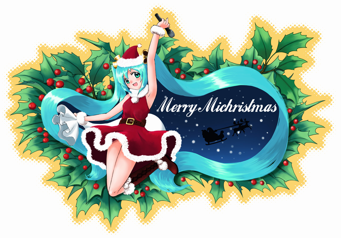 lakuhito, hatsune miku, santa claus, vocaloid, 1girl, :d, alternate costume, aqua hair, arm up, armpits, bag, bell, belt, blush, boots, christmas, dress, female focus, flying, fur trim, hair bell, hair ornament, hat, holding, holding bag, holly, jumping, lace-up boots, long hair, looking at viewer, night, night sky, open mouth, pom pom (clothes), red boots, red dress, red hat, reindeer, sack, santa costume, santa hat, sky, sleeveless, sleeveless dress, sleigh, smile, snowing, solo, twintails, upskirt, very long hair, wrist cuffs