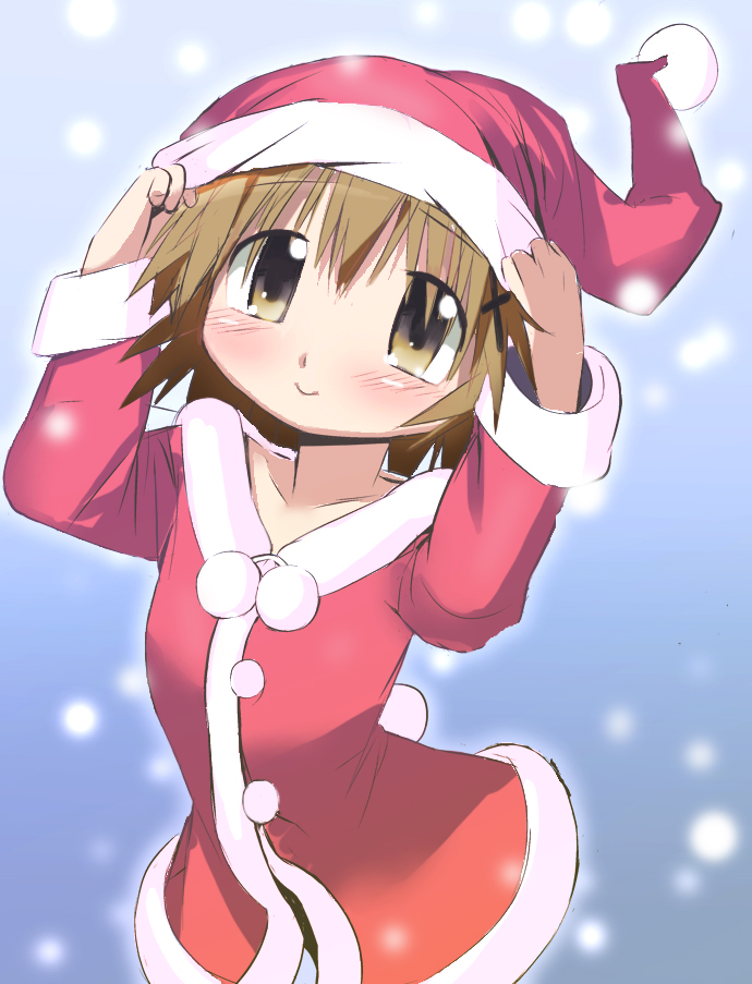misagi nagu, yuno (hidamari sketch), hidamari sketch, 00s, blush, brown eyes, brown hair, hat, santa costume, santa hat, short hair, smile, snow, solo