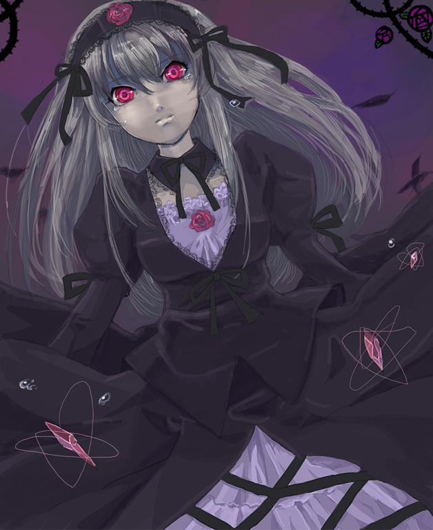 tsuyu, suigintou, rozen maiden, silver hair, bad id, bad pixiv id, 00s, dress, frills, hairband, purple eyes, ribbon, solo, tears