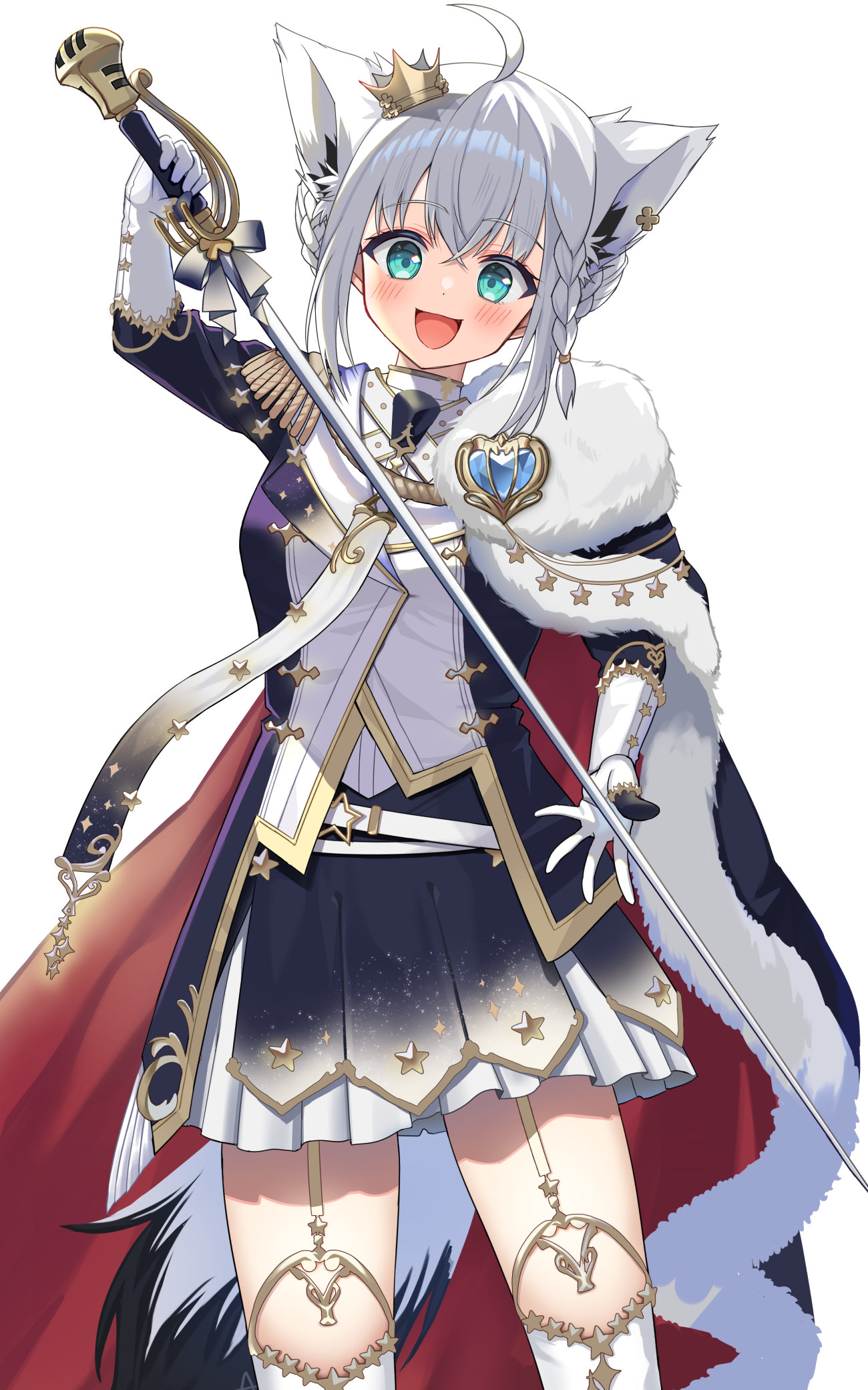 unkai amane, shirakami fubuki, shirakami fubuki (fbkingdom), hololive, highres, 1girl, ahoge, animal ear fluff, animal ears, aqua eyes, belt, blue jacket, blue skirt, blush, boots, braid, bun with braided base, cape, crossed bangs, crown, epaulettes, extra ears, fox ears, fox girl, fox tail, fur-trimmed cape, fur trim, garter straps, gloves, gold crown, gold trim, hair between eyes, hair bun, half-skirt, holding, holding sword, holding weapon, jacket, layered skirt, looking at viewer, mini crown, miniskirt, necktie, official alternate costume, official alternate hairstyle, open mouth, pentagram, pleated skirt, red cape, shirt, short hair, side braid, side cape, sidelocks, simple background, single hair bun, skirt, smile, solo, sword, tail, thighhighs, tilted headwear, transparent background, virtual youtuber, weapon, white gloves, white necktie, white shirt, white skirt, white thighhighs