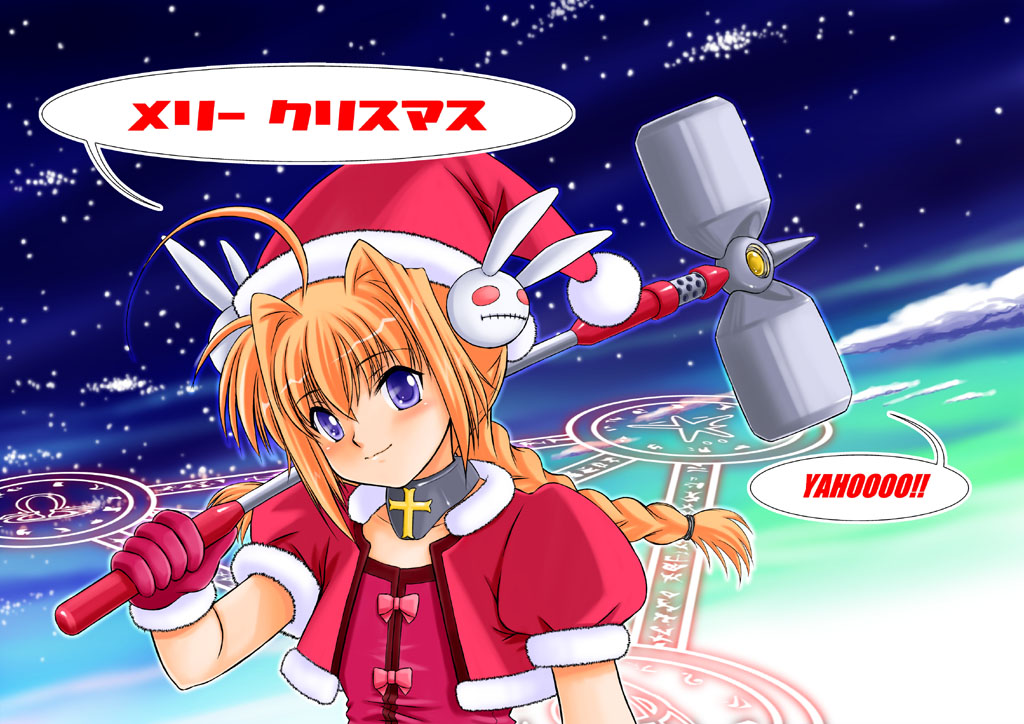 akusyu 0.5 second, graf eisen, vita (nanoha), lyrical nanoha, mahou shoujo lyrical nanoha, mahou shoujo lyrical nanoha a's, 00s, 1girl, ahoge, braid, christmas, female focus, gloves, hat, purple eyes, red gloves, red hair, santa costume, santa hat, solo, twin braids