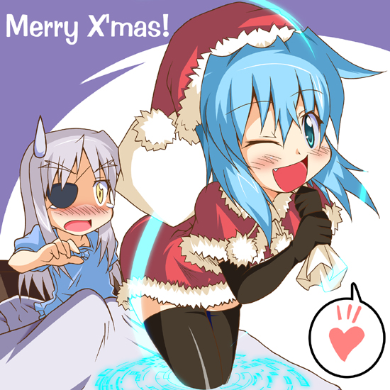 tsukishima makoto, cinque (nanoha), numbers (nanoha), sein (nanoha), lyrical nanoha, mahou shoujo lyrical nanoha, mahou shoujo lyrical nanoha strikers, eyebrows, 00s, 2girls, bed, blue hair, blush, capelet, elbow gloves, eyepatch, fang, gloves, green eyes, hat, long hair, multiple girls, pajamas, purple hair, sack, santa costume, santa hat, smile, tears, thighhighs, yellow eyes, zettai ryouiki