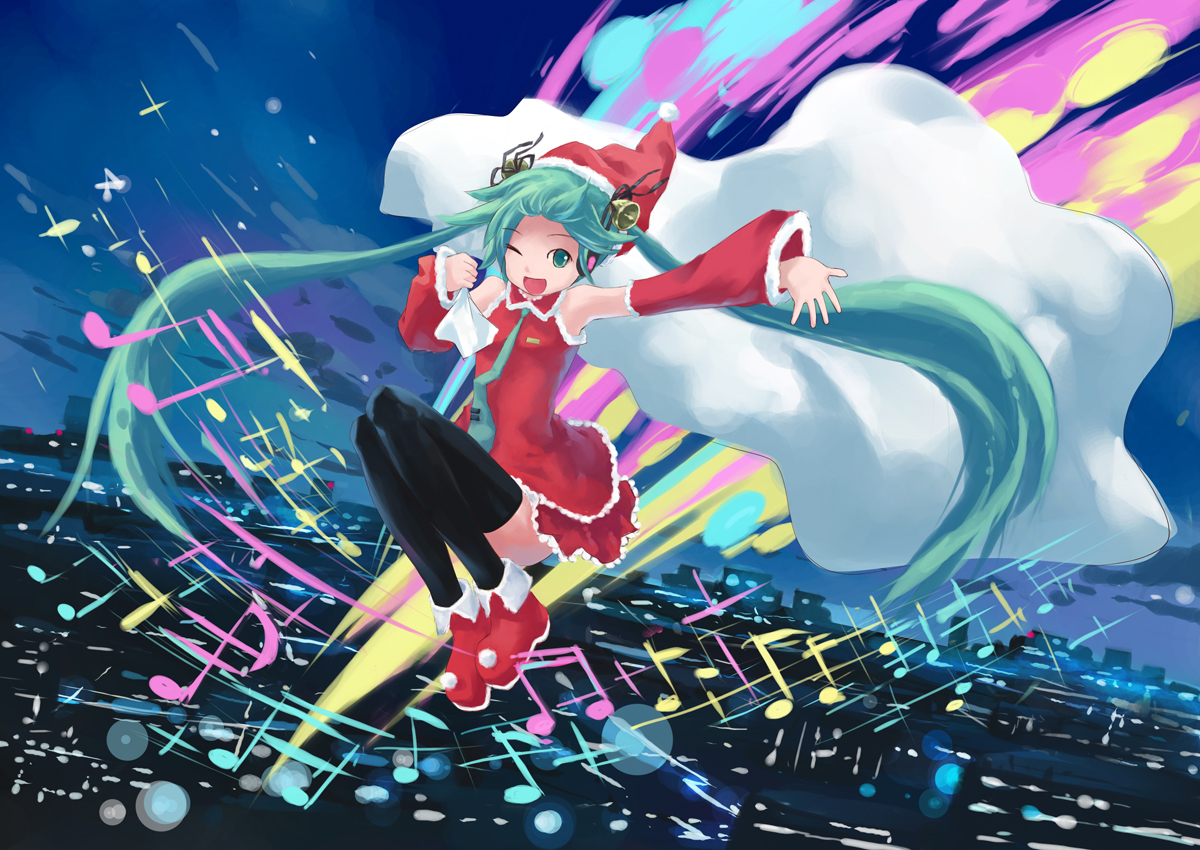isou nagi, hatsune miku, vocaloid, aqua eyes, aqua hair, bell, cityscape, detached sleeves, long hair, musical note, necktie, night, one eye closed, sack, santa costume, skirt, sky, solo, thighhighs, twintails, very long hair, wink