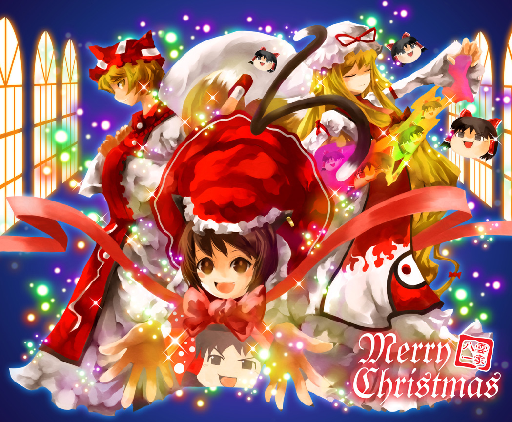 mikihiro, chen, hakurei reimu, yakumo ran, yakumo yukari, touhou, bad id, bad pixiv id, 3girls, :d, alternate color, animal ears, animal hat, blonde hair, brown hair, cat ears, cat girl, cat tail, christmas, female focus, hat, hat ribbon, long sleeves, looking at viewer, looking back, mob cap, multiple girls, multiple tails, nekomata, open mouth, ribbon, santa costume, shoes, short hair, smile, socks, tail, two tails, wide sleeves, yukkuri shiteitte ne