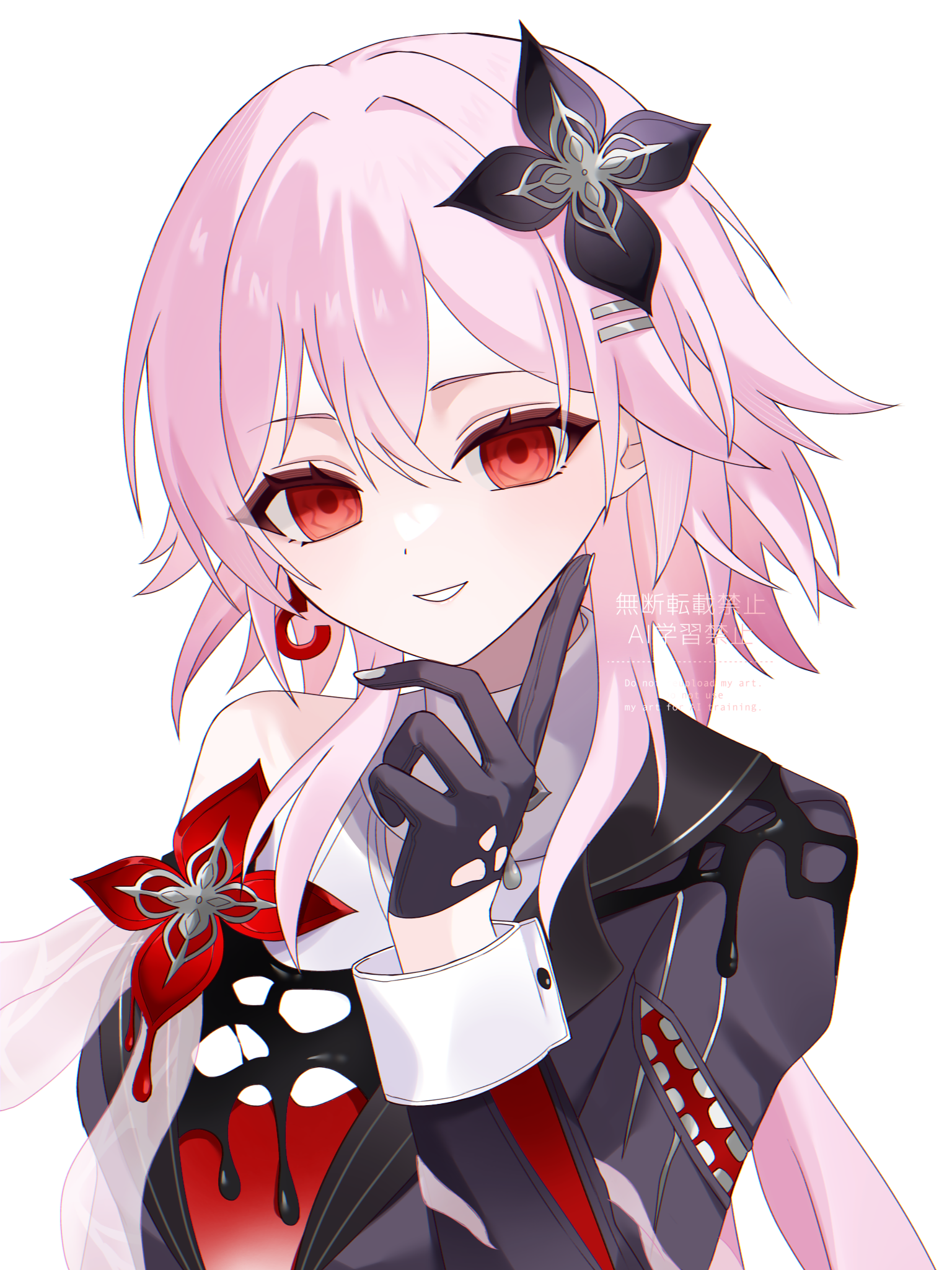 kino (curry pan), evernight (honkai: star rail), march 7th (honkai: star rail), honkai: star rail, honkai (series), commentary, highres, 1girl, black gloves, gloves, hair between eyes, hair ornament, hairclip, hand up, lapels, long hair, long sleeves, looking at viewer, notched lapels, parted lips, pink hair, red eyes, simple background, single bare shoulder, solo, upper body, very long hair, white background