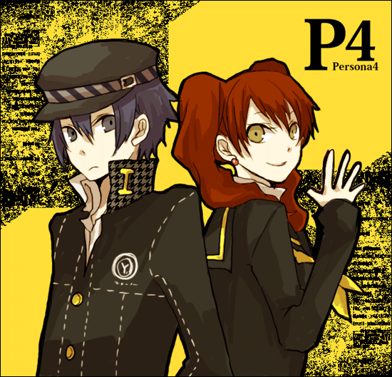 buzz (moi), kujikawa rise, shirogane naoto, atlus, persona, persona 4, bad id, bad pixiv id, 2girls, androgynous, blue hair, hat, multiple girls, newsboy cap, red hair, reverse trap, school uniform