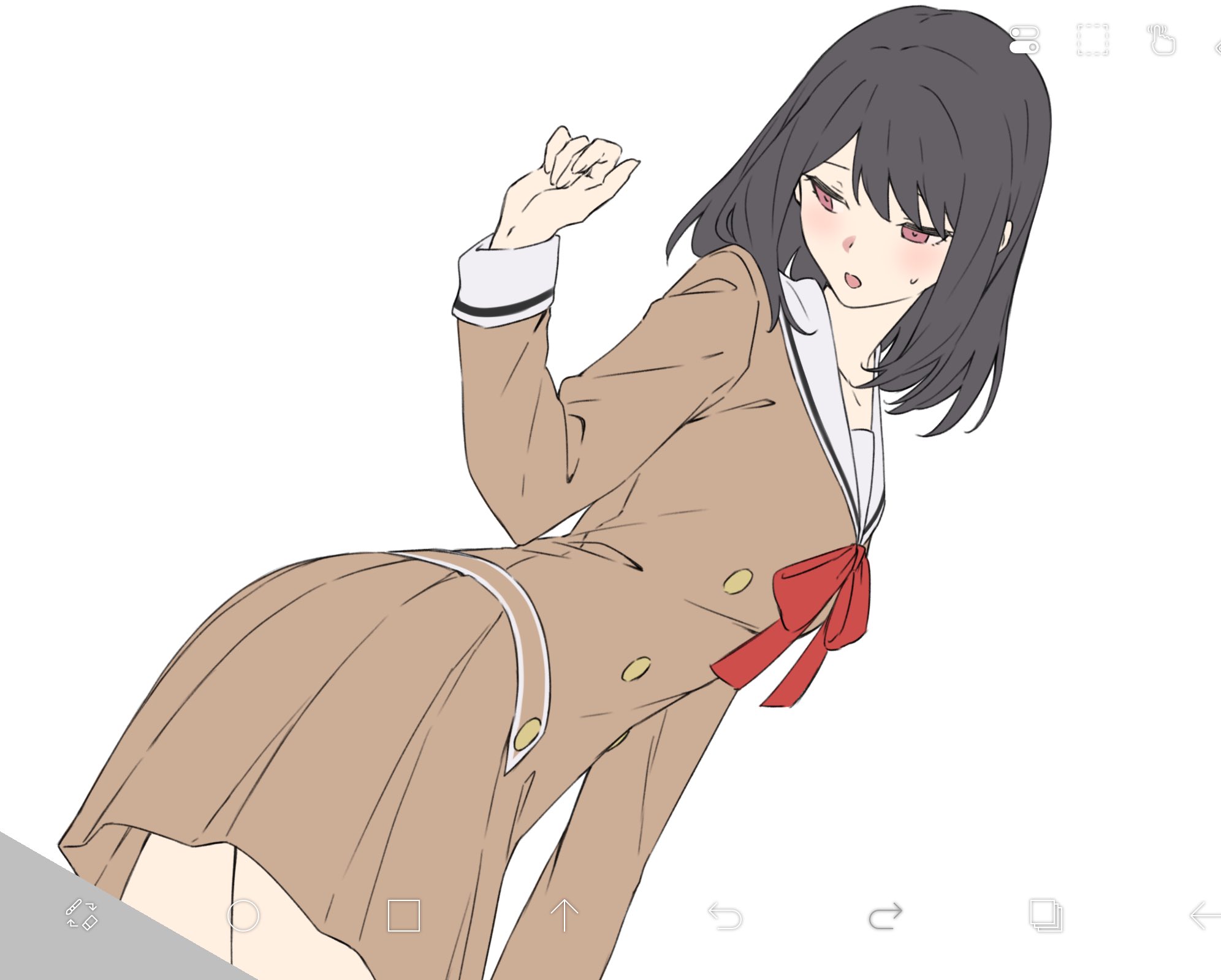 kanade (kanade 3344), tsukishima marina, bang dream!, screencap, highres, 1girl, art program in frame, black hair, brown dress, dress, long sleeves, medium hair, open mouth, pleated dress, red eyes, red ribbon, ribbon, sailor collar, simple background, solo, white background, white sailor collar