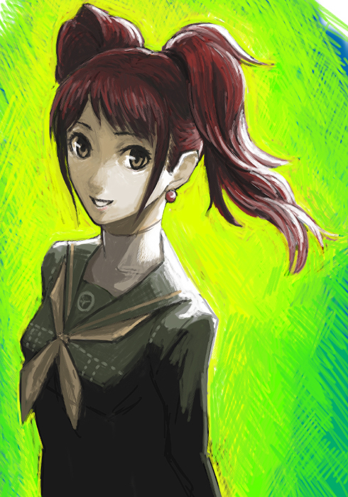 utu (ldnsft), kujikawa rise, atlus, persona, persona 4, 1girl, brown eyes, brown hair, collarbone, emblem, female focus, looking at viewer, sailor collar, school uniform, serafuku, sidelocks, solo, twintails