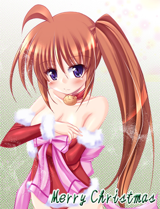 uminchu, takamachi nanoha, lyrical nanoha, mahou shoujo lyrical nanoha, mahou shoujo lyrical nanoha strikers, 00s, bare shoulders, blue eyes, brown hair, christmas, detached sleeves, santa costume, side ponytail