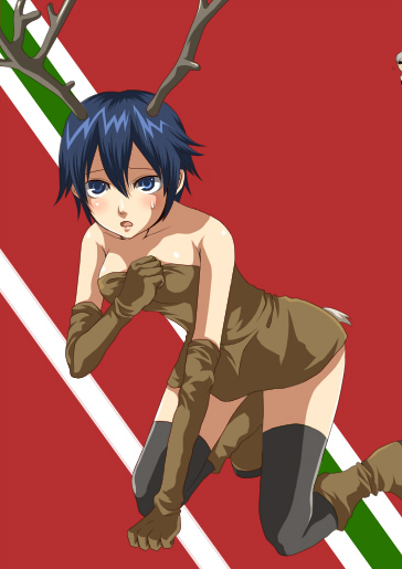 shirogane naoto, atlus, persona, persona 4, christmas, horns, reindeer, short hair, solo, thighhighs