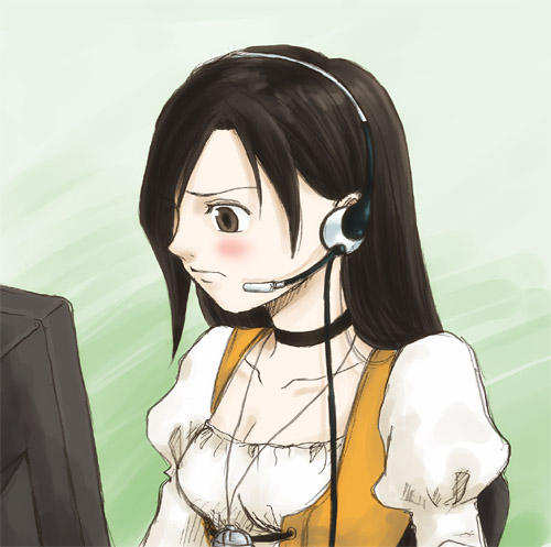 nekohachi, garnet til alexandros xvii, final fantasy, final fantasy ix, bad id, bad pixiv id, lowres, 00s, 1girl, blush, brown eyes, brown hair, female focus, gradient background, headset, jewelry, long hair, necklace, solo