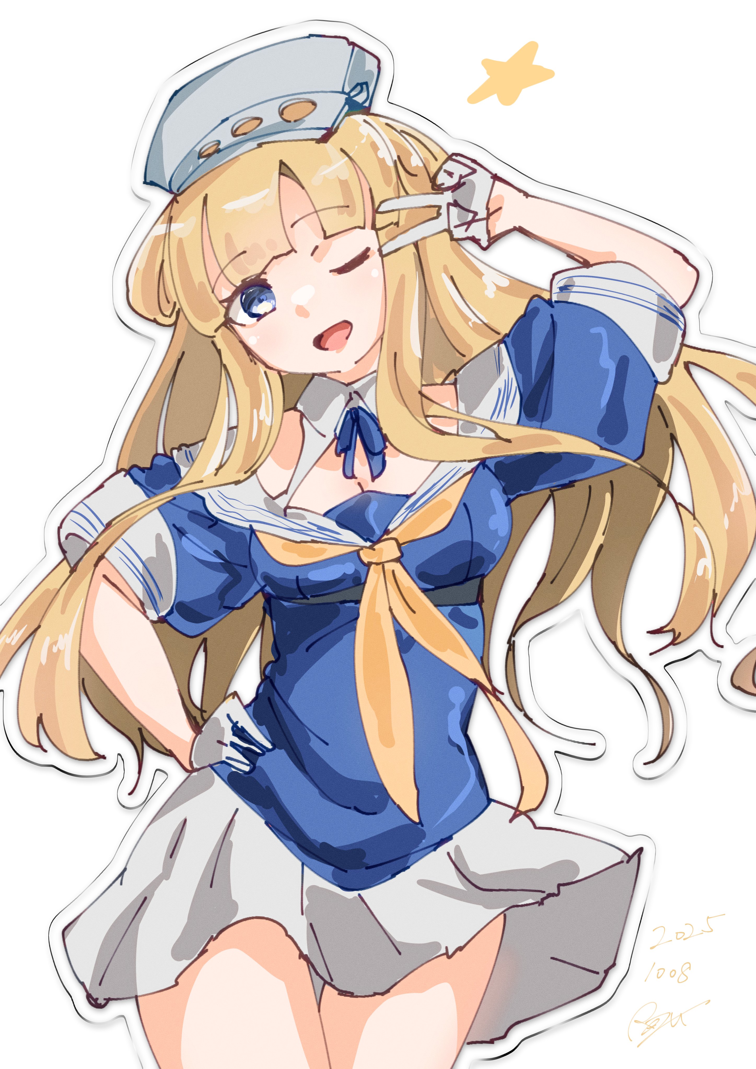 fletcher (kancolle), kantai collection, absurdres, highres, 1girl, blonde hair, blue shirt, blunt bangs, crazypsychorezu, double bun, folded hair, gloves, hair bun, hand on own hip, neckerchief, off shoulder, one-hour drawing challenge, one eye closed, purple eyes, sailor collar, school uniform, serafuku, shirt, skirt, smile, solo, v, v over eye, white gloves, white sailor collar, white skirt, yellow neckerchief