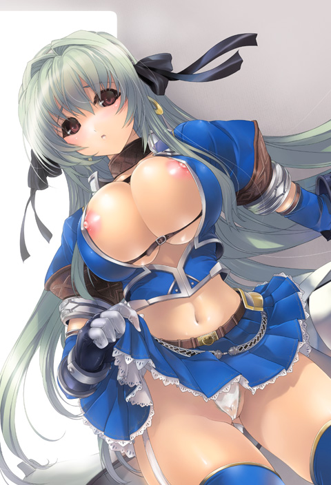 miwa yoshikazu, capcom, monster hunter (series), monster hunter frontier, 1girl, azure (armor), belt bra, breasts, brown eyes, cameltoe, cleavage, clothes lift, elbow gloves, female focus, gloves, green hair, huge breasts, long hair, midriff, navel, nipple slip, nipples, panties, pleated skirt, skirt, skirt lift, solo, thighhighs, underwear, upskirt