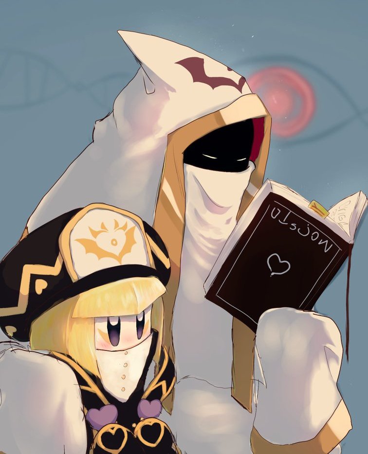 a2819mi, hyness, zan partizanne, kirby (series), kirby star allies, nintendo, 1boy, 1girl, black hat, blonde hair, book, closed eyes, detached hood, grey background, hat, heart, holding, holding book, sleeves past fingers, sleeves past wrists