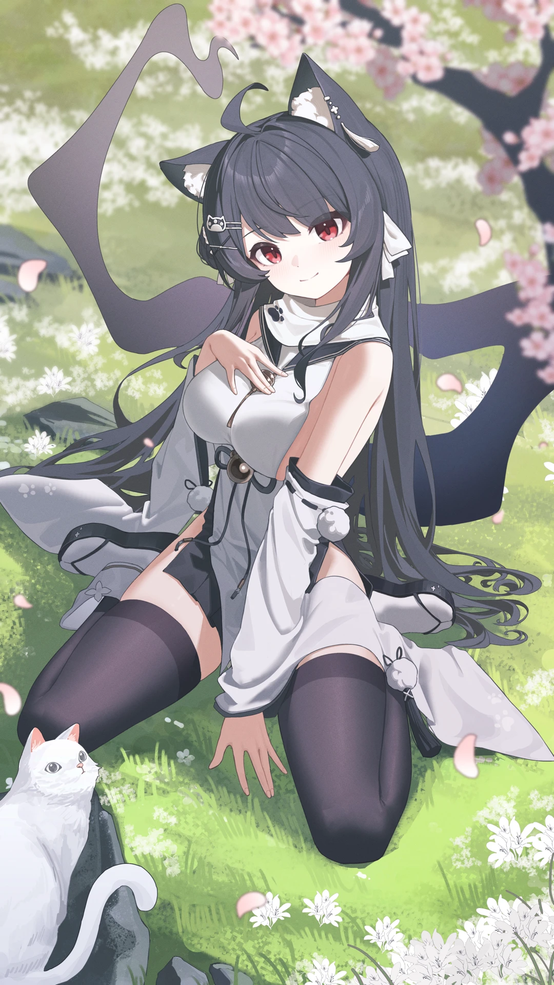 chiyo akira, original, chinese commentary, commentary request, highres, second-party source, 1girl, ahoge, animal, animal ear fluff, animal ears, arm support, black hair, black sailor collar, black sandals, black thighhighs, blurry, branch, breasts, cat, cat ears, cat girl, cat hair ornament, cherry blossoms, closed mouth, depth of field, detached sleeves, falling petals, flower, grass, hair ornament, hairclip, hand on own chest, hand up, head tilt, large breasts, legs, long hair, long sleeves, looking at viewer, on grass, on ground, parallel hairclips, paw print, pelvic curtain, petals, platform sandals, pom pom (clothes), red eyes, ribbon-trimmed sleeves, ribbon trim, rock, sailor collar, sandals, shirt, sideless shirt, sidelocks, sitting, smile, socks, solo, tassel, tassel hair ornament, thighhighs, thighs, very long hair, wariza, white flower, white socks, wide sleeves