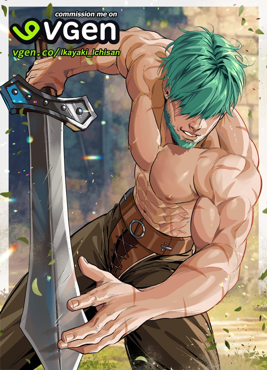 ichisan, lowen (fire emblem), fire emblem, fire emblem: the blazing blade, nintendo, commission, hashtag-only commentary, highres, vgen commission, 1boy, abs, aged up, alternate muscle size, bara, beard, facial hair, green hair, hair over eyes, holding, holding sword, holding weapon, large pectorals, male focus, multiple scars, muscular, muscular male, navel, nipples, outdoors, parted lips, pectorals, scar, scar on arm, short hair, solo, sword, topless male, vgen logo, vgen username, weapon
