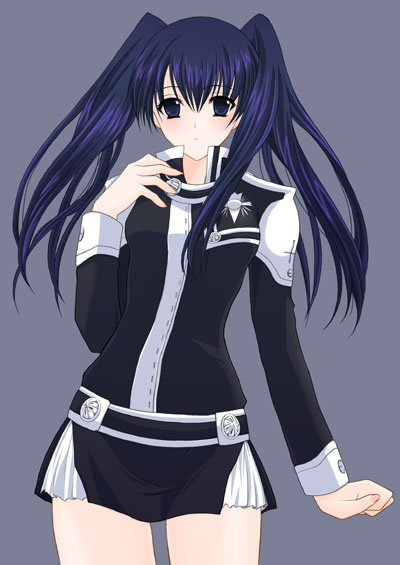 megumi ryouko, lenalee lee, d.gray-man, uniform, 00s, 1girl, belt, blue hair, blush, contrapposto, emblem, female focus, long hair, looking at viewer, red eyes, sidelocks, solo, standing, twintails