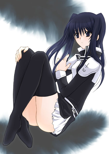 megumi ryouko, lenalee lee, d.gray-man, 00s, 1girl, ass, black jacket, black thighhighs, blue eyes, blue hair, boots, crossed legs, female focus, full body, jacket, knees up, long hair, looking at viewer, matching hair/eyes, miniskirt, pleated skirt, red eyes, sitting, skirt, solo, thighhighs, twintails, white skirt, zettai ryouiki
