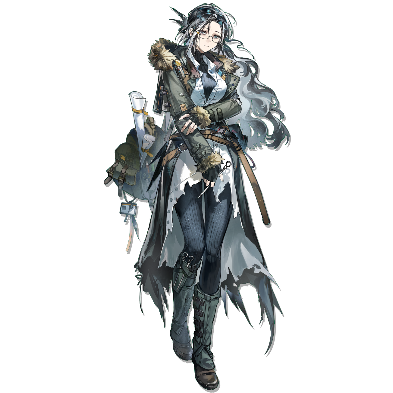 3mo, arknights, highres, official art, third-party source, 1girl, bodysuit, bodysuit under clothes, coat, fingerless gloves, full body, fur-trimmed coat, fur trim, glasses, gloves, green coat, green leg warmers, hood, hood down, hooded coat, leg warmers, long hair, long shirt, long sleeves, shirt, simple background, snegurochka (arknights), solo, standing, tachi-e, transparent background, wavy hair, white shirt