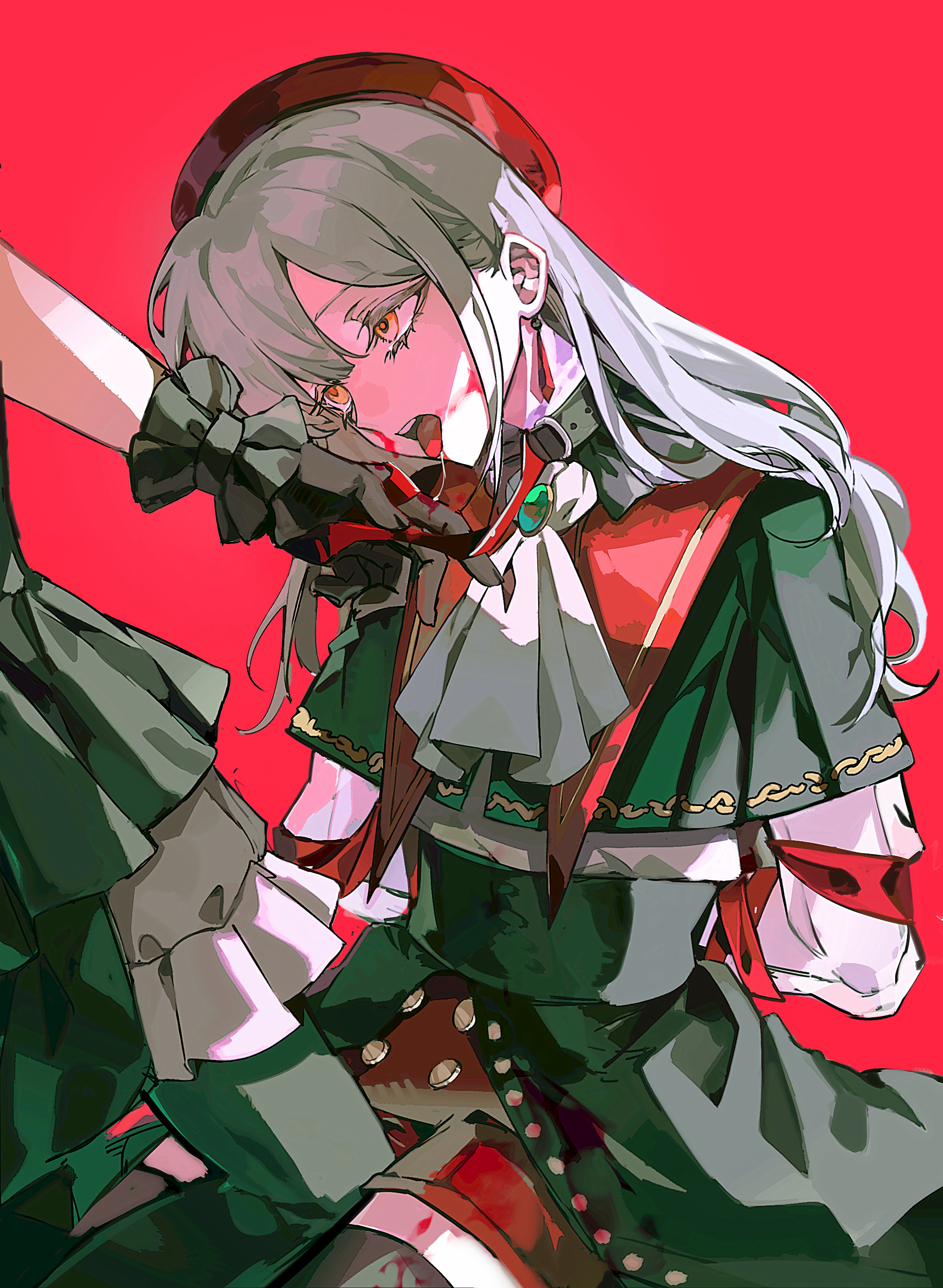 ne2op, mortis (bang dream!), mortis (costume) (bang dream!), oblivionis (bang dream!), togawa sakiko, wakaba mutsumi, bang dream!, bang dream! it's mygo!!!!!, absurdres, chinese commentary, commentary request, highres, 2girls, ascot, black gloves, black thighhighs, blood, bruise, capelet, gloves, green capelet, green hair, hat, injury, jewelry, long hair, looking at another, multiple girls, open mouth, red background, red hat, red shorts, saliva, shirt, shorts, simple background, sitting, skirt, solo focus, teeth, thighhighs, upper teeth only, white ascot, white shirt, yellow eyes