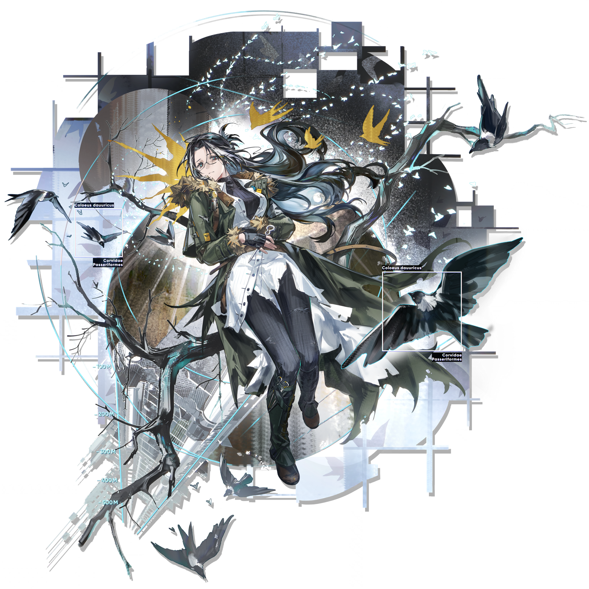 3mo, arknights, highres, official art, third-party source, 1girl, animal, bird, bodysuit, bodysuit under clothes, coat, fingerless gloves, floating hair, full body, fur-trimmed coat, fur trim, glasses, gloves, green coat, green leg warmers, hood, hood down, hooded coat, leg warmers, long hair, long shirt, long sleeves, mask, shirt, simple background, snegurochka (arknights), solo, transparent background, wavy hair, white shirt