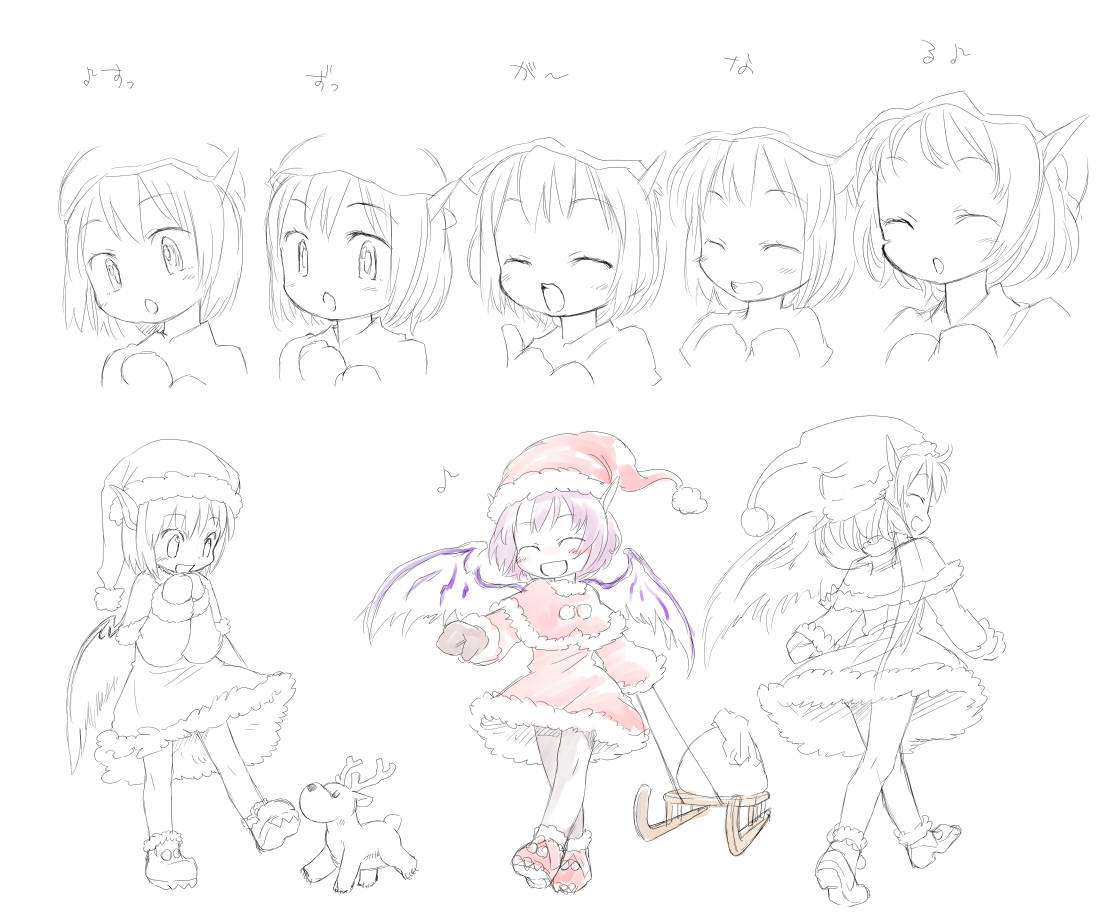 kiriu, mystia lorelei, touhou, bad id, bad pixiv id, translated, 1girl, christmas, female focus, happy, monochrome, music, musical note, partially colored, quaver, reindeer, santa costume, singing, sketch, sleigh